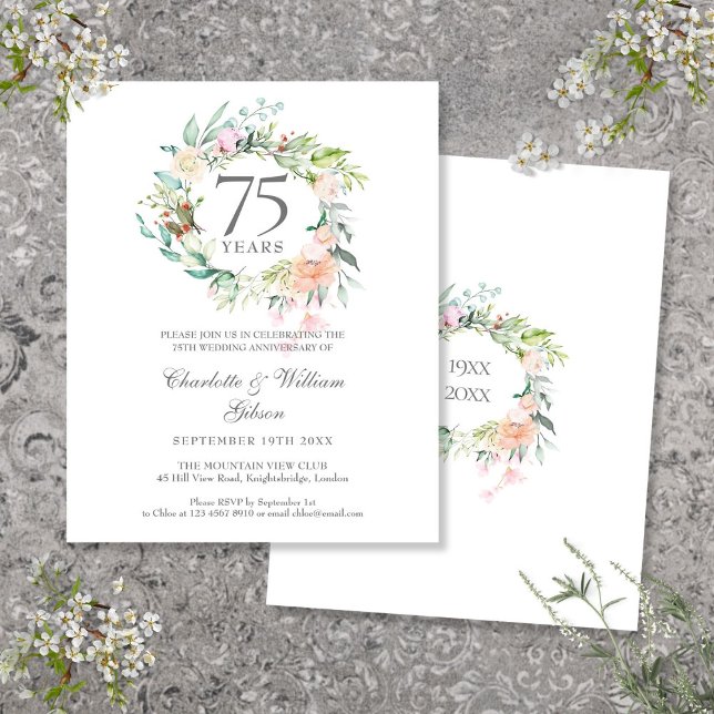 Papier Budget Roses Garland 75e anniversaire Invitation (Budget Roses Garland 75th Anniversary Invitation)