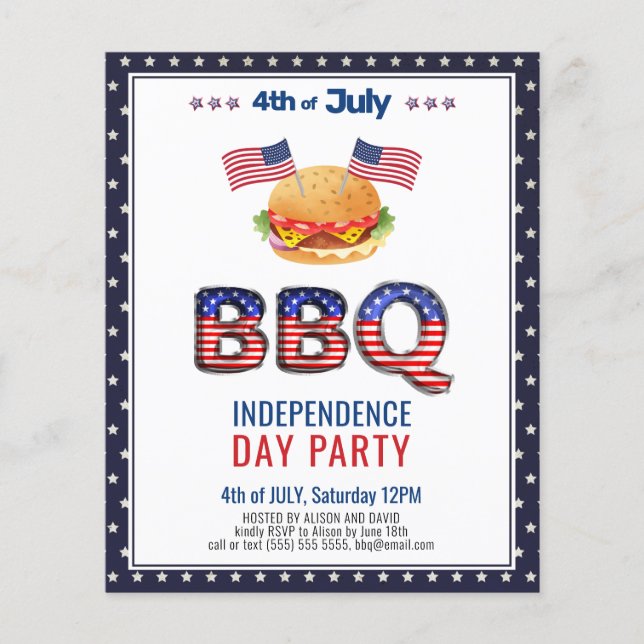 Papier BUDGET Rouge Blanc Bleu 4 juillet BBQ Invitation (Devant)
