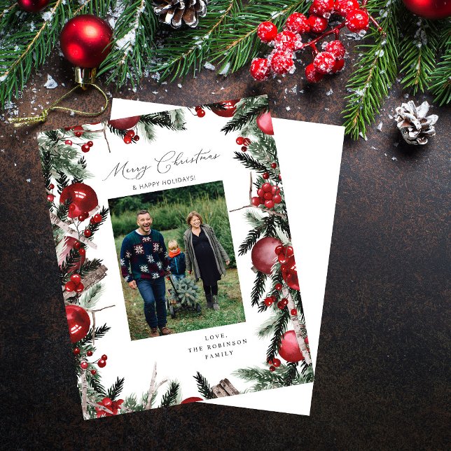 Papier Budget Rouge Ornements & Pine Joyeux Noël Photo (Créateur téléchargé)