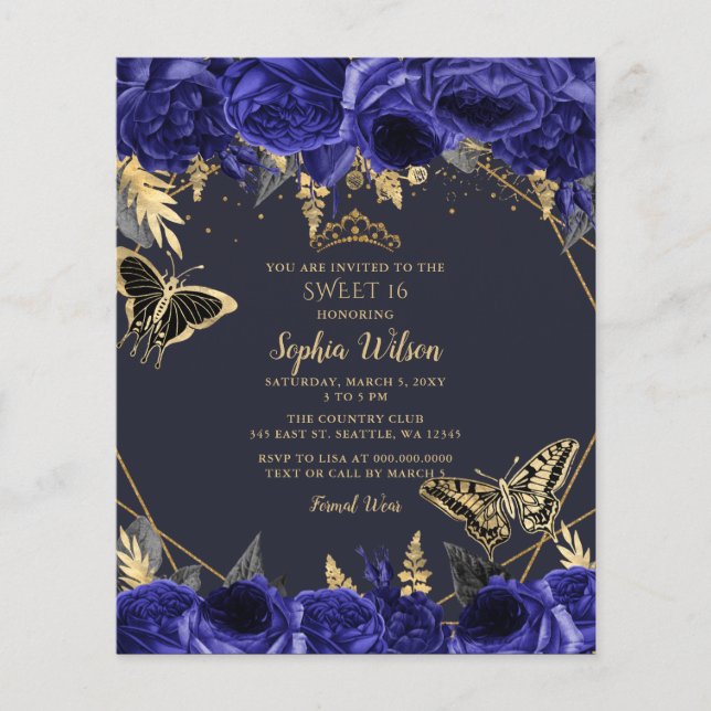 Papier Budget Royal Blue Butterfly Sweet 16 Invitation (Devant)