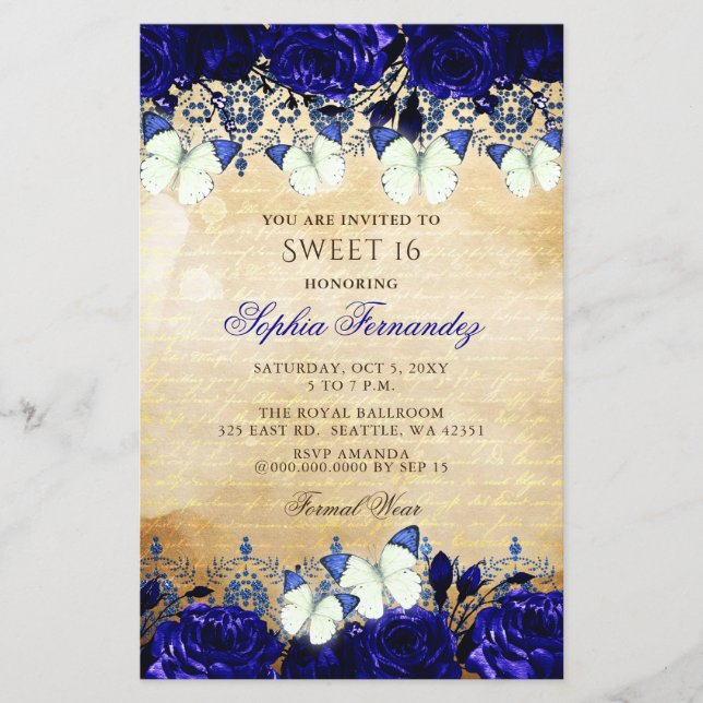 Papier Budget Royal Blue Butterfly Sweet 16 Invitation (Devant)