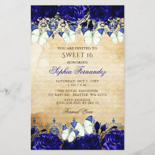 Papier Budget Royal Blue Butterfly Sweet 16 Invitation