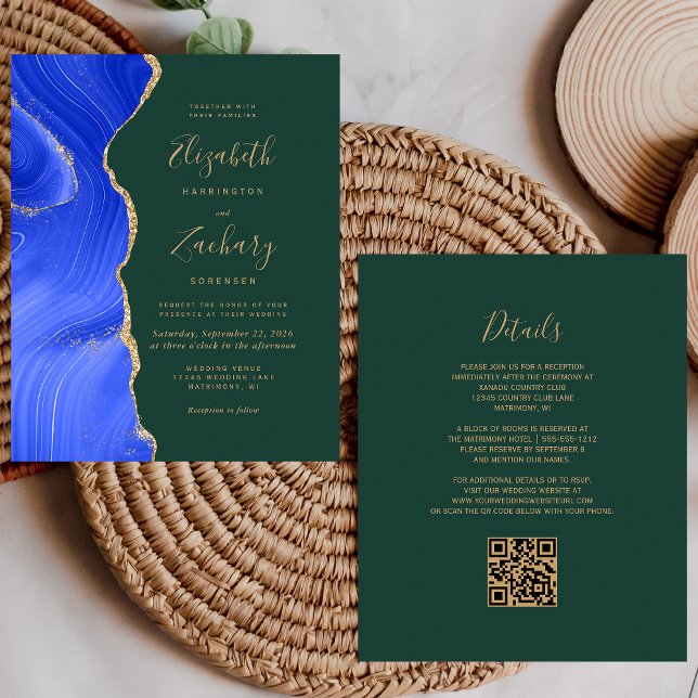 Papier Budget Royal Blue Gold Agate Green QR Code Mariage (Créateur téléchargé)