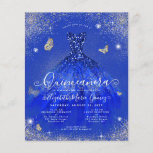 Papier Budget Royal Blue Gold Gown Quinceanera Invitation