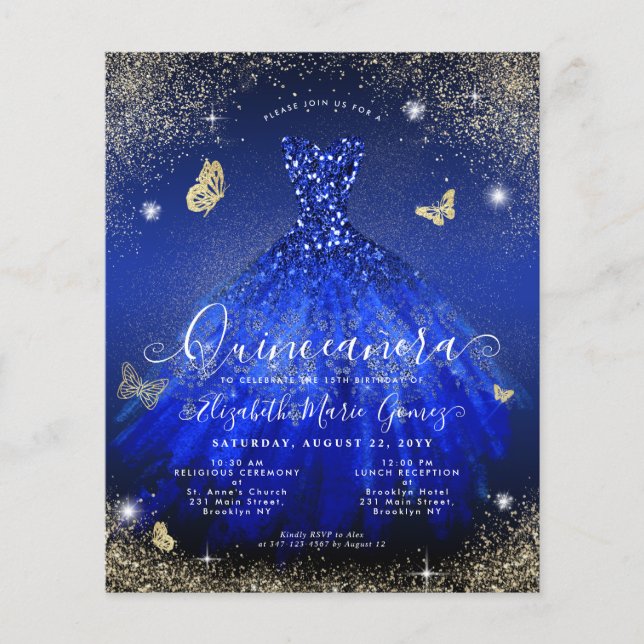 Papier Budget Royal Blue Gold Gown Quinceanera Invitation (Devant)
