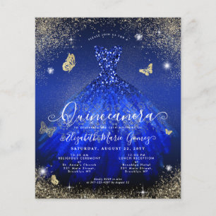 Papier Budget Royal Blue Gold Gown Quinceanera Invitation