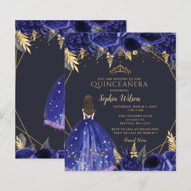 Papier Budget Royal Blue Princess Quinceañera Invitation (Devant / Derrière)