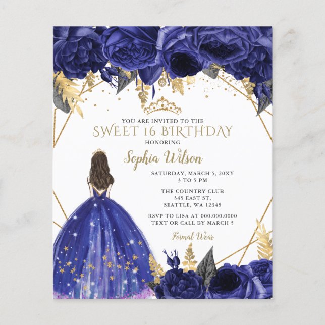Papier Budget Royal Blue Princess Sweet 16 Invitation (Devant)