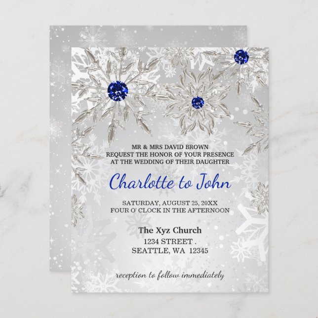 Papier Budget Royal Blue Snowflakes Faire-part de mariage (Devant / Derrière)