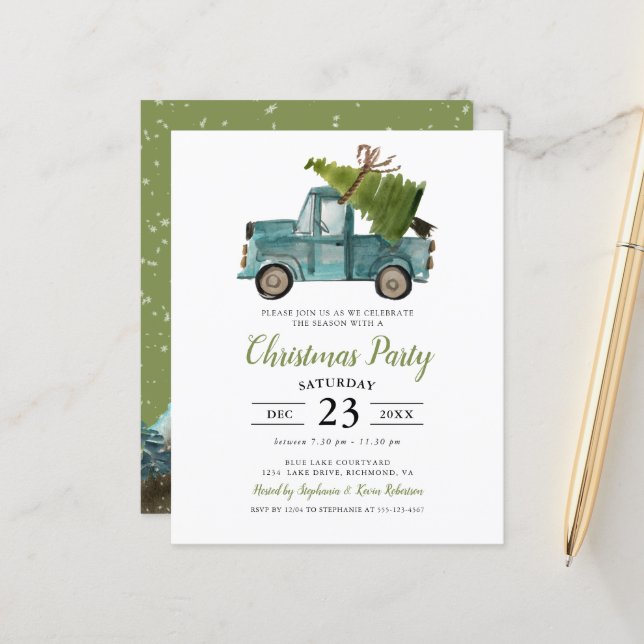 Papier Budget Russe Aquarelle Bleu Camion Noël (Devant/Arrière en situation)