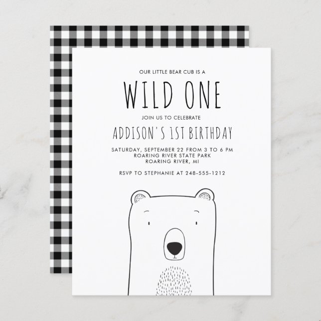 Papier Budget Rustic Bear Wild Un 1er anniversaire Invita (Devant / Derrière)