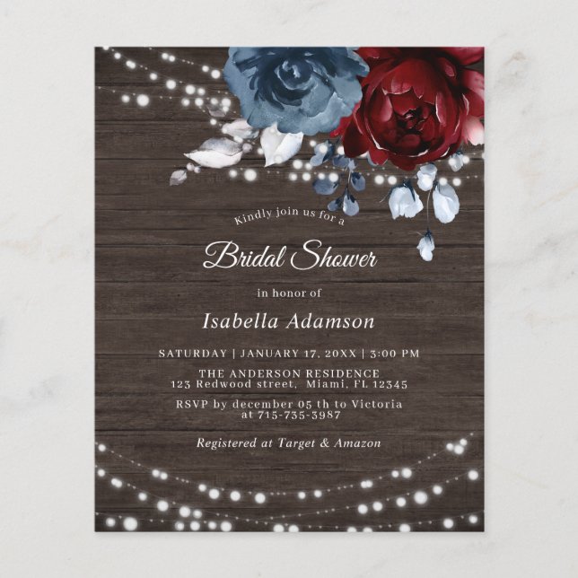 Papier Budget Rustic Blue Floral Invitation à la douche n (Devant)