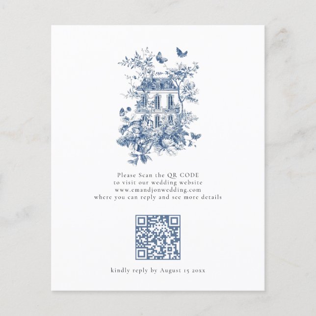 Papier Budget Rustic Blue Toile De Jouy QR Code Mariage (Devant)