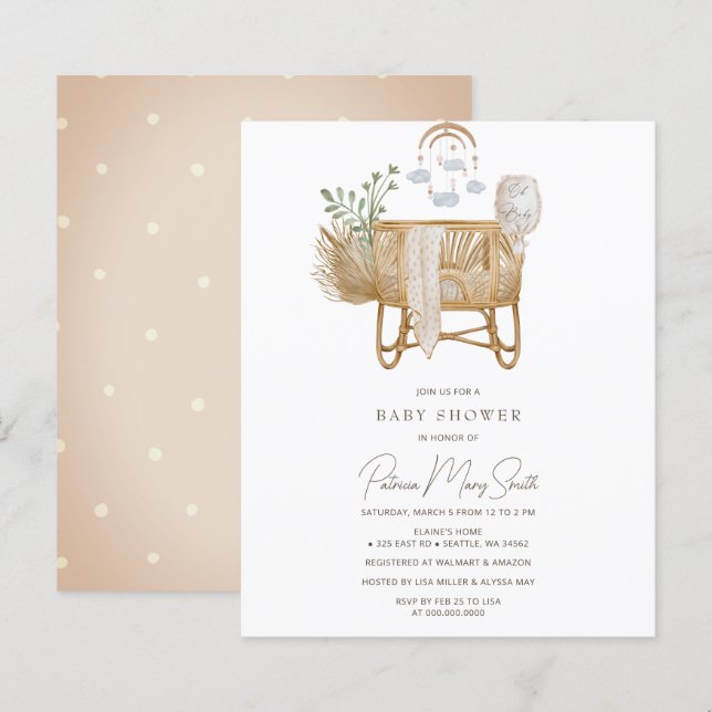 Papier Budget Rustic Boho Baby Cot Baby shower Invitation (Devant / Derrière)