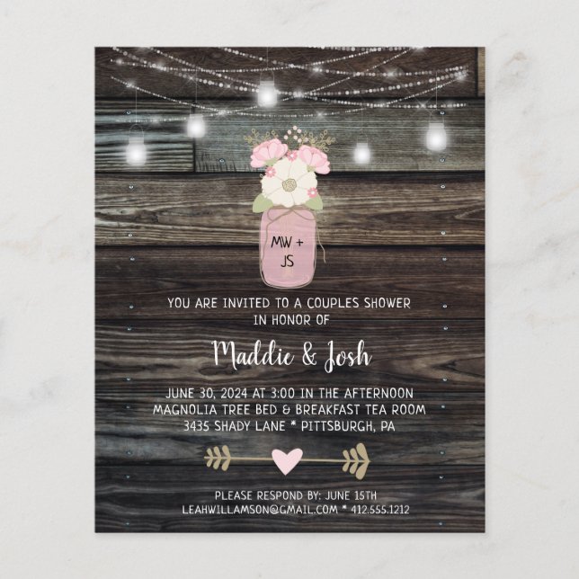 Papier Budget Rustic Couples Douche Mason Jar Invitation (Devant)