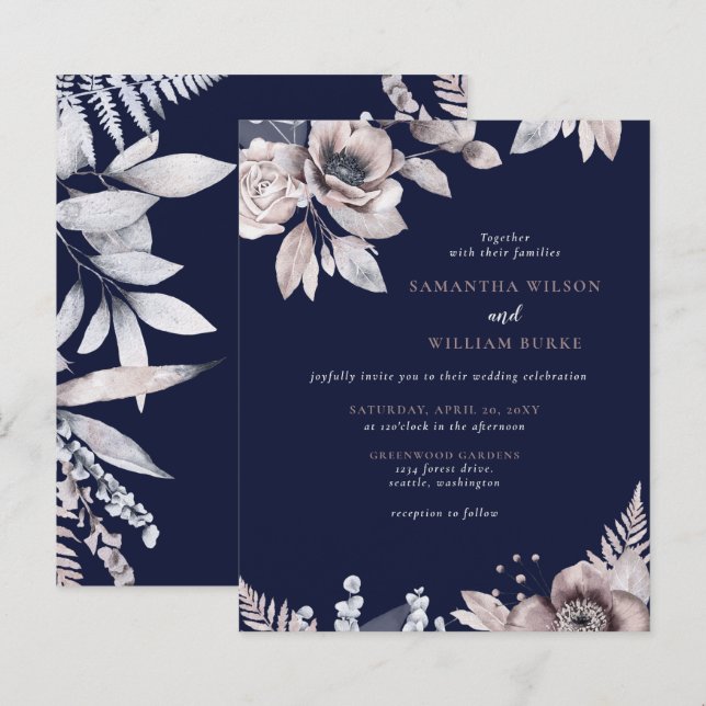 Papier Budget Rustic Navy Floral Faire-part de mariage (Devant / Derrière)