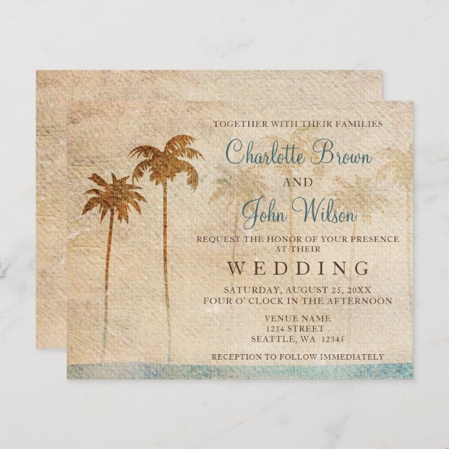 Papier Budget Rustic Palm Trees Plage Mariage Invitation (Devant / Derrière)