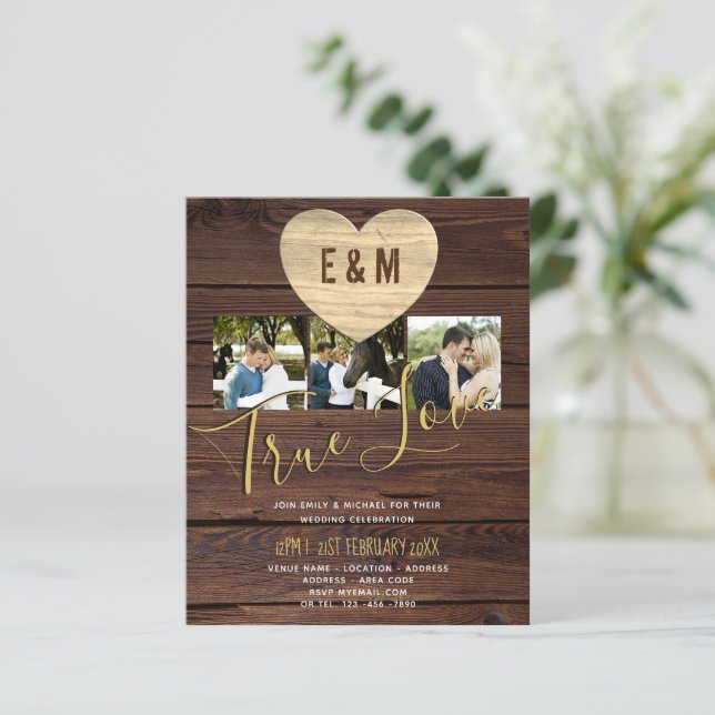 Papier Budget Rustic Photo Collage Invitations de mariage (Debout devant)