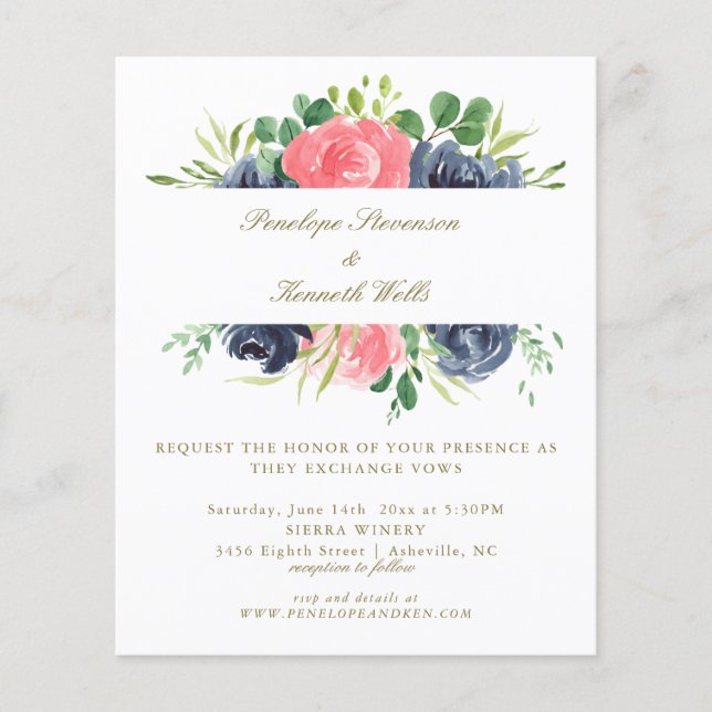 Papier Budget Rustic Rose Marine Rose Floral Mariage Invi (Devant)