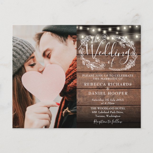 Papier Budget Rustic String Lights Photo Wedding Invitati (Devant)