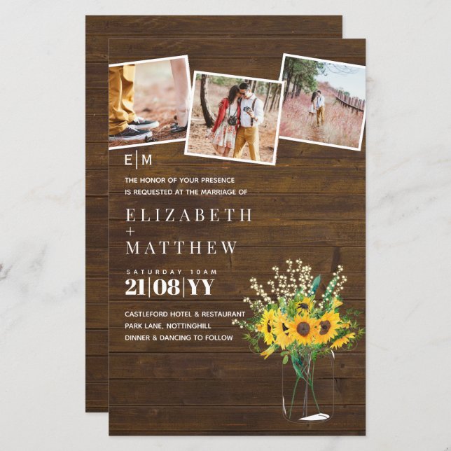 Papier BUDGET Rustic Sunflowers mason Jar Mariage Inviter (Devant / Derrière)