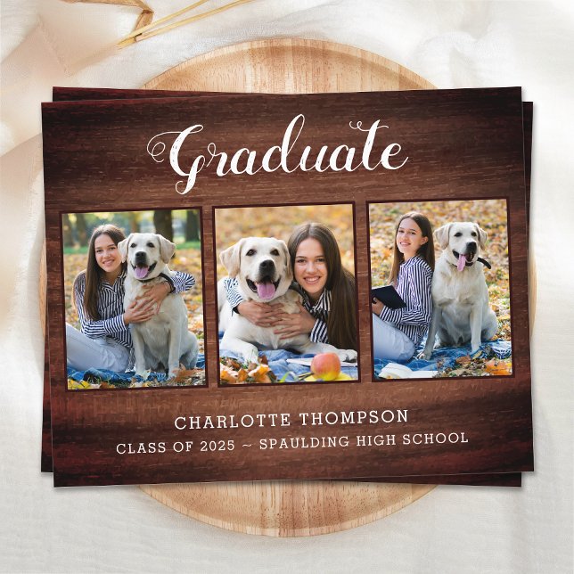 Papier Budget Rustic Wood 3 Photo Graduation Invitation (Créateur téléchargé)