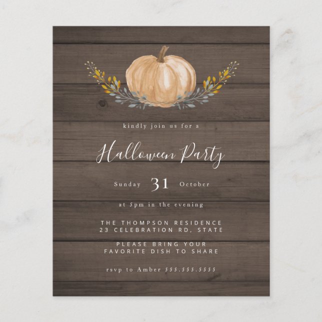 Papier Budget Rustic Wood Citrouille Invitation du parti  (Devant)
