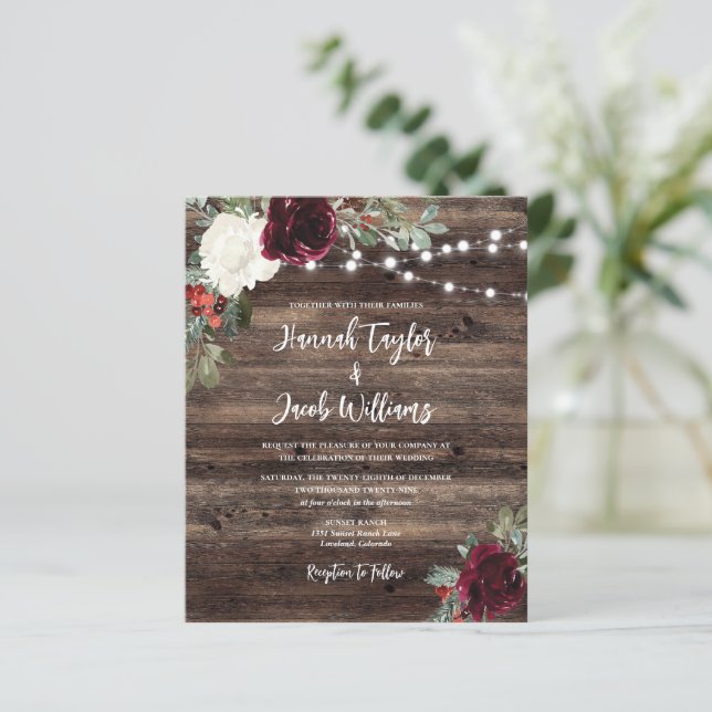 Papier Budget Rustic Wood Faire-part de mariage de Noël (Debout devant)