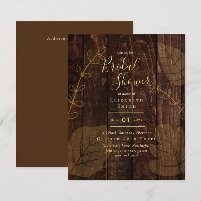 Papier Budget Rustic Wood Gold Fête des mariées Invitatio (Devant / Derrière)