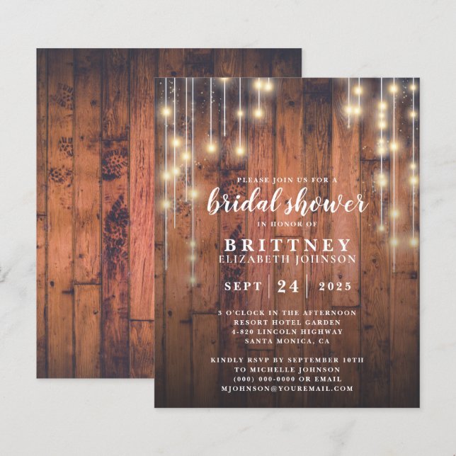 Papier Budget Rustic Wood Lights Bridal Douche Invitation (Devant / Derrière)