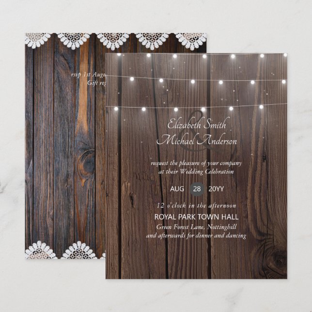 Papier Budget RUSTIC Wood Wedding Invite n Enveloppes (Devant / Derrière)