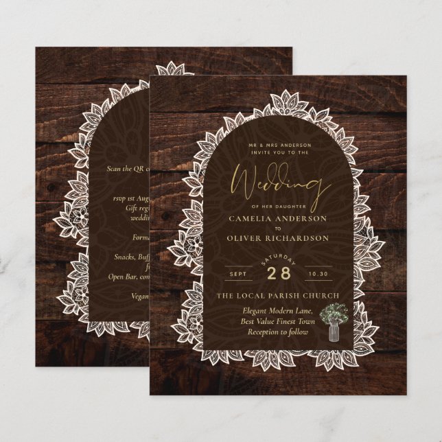 Papier BUDGET Rustic Woodland Mariage Wood Lace INVITATIO (Devant / Derrière)