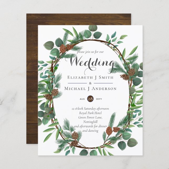 Papier Budget Rustic Woodland Wreath Wedding Invite (Devant / Derrière)