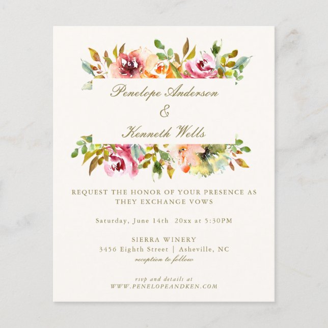 Papier Budget Rustique Aquarelle Florale Mariage Invitati (Devant)