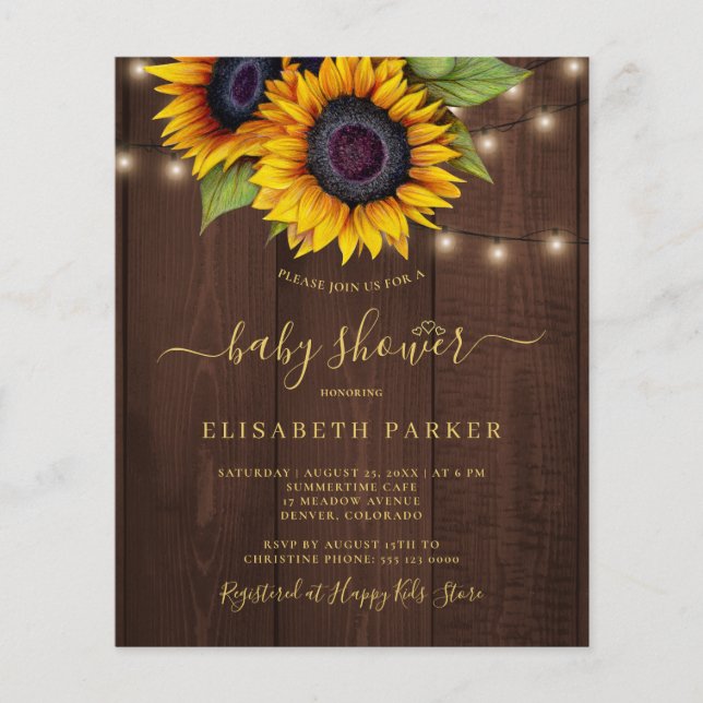 Papier Budget rustique baby shower de tournesol invitatio (Devant)
