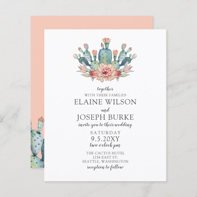 Papier Budget Rustique Blush Cactus Faire-part de mariage (Devant / Derrière)