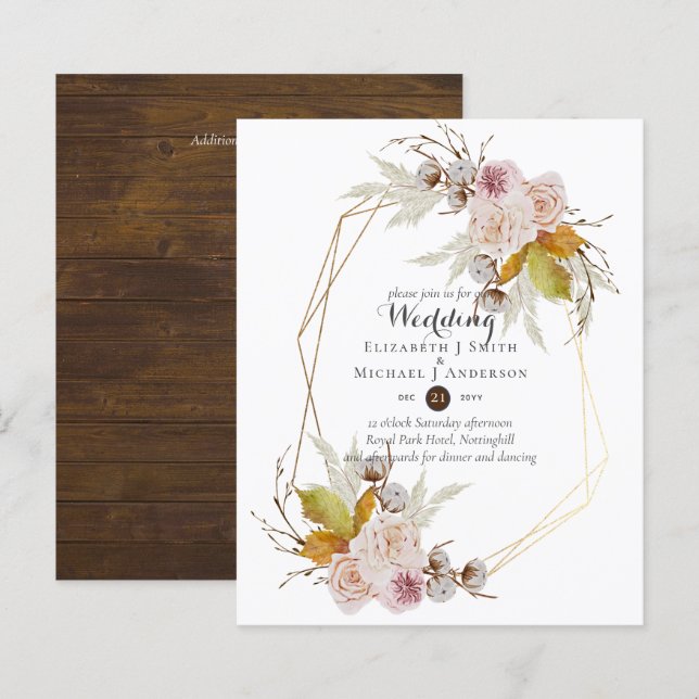 Papier Budget Rustique Blush rose Floral Mariage Invite (Devant / Derrière)