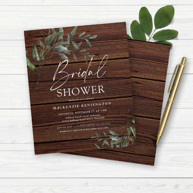 Papier Budget Rustique Bois Eucalyptus Fête des mariées o (Budget Rustic Wood Eucalyptus Gold Bridal Shower Invitation)
