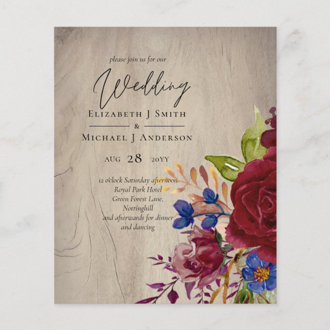 Papier BUDGET Rustique Bourgogne Blue Floral Wedding Invi (Devant)