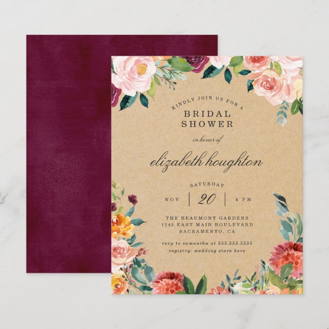 Papier Budget Rustique Bourgogne Blush Floral Fête des ma (Devant / Derrière)