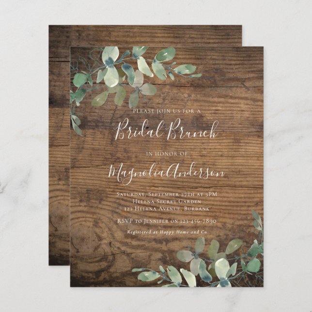 Papier BUDGET Rustique Eucalyptus Bridal Brunch Invitatio (Devant / Derrière)