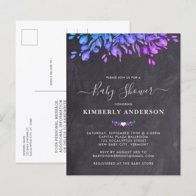 Papier Budget Rustique Eucalyptus violet Baby shower Invi (Devant / Derrière)