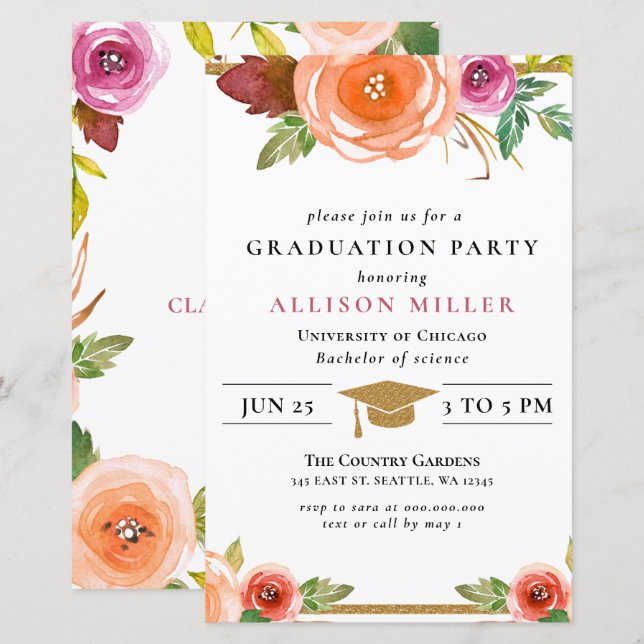 Papier Budget Rustique Floral Graduation Invitation (Devant / Derrière)