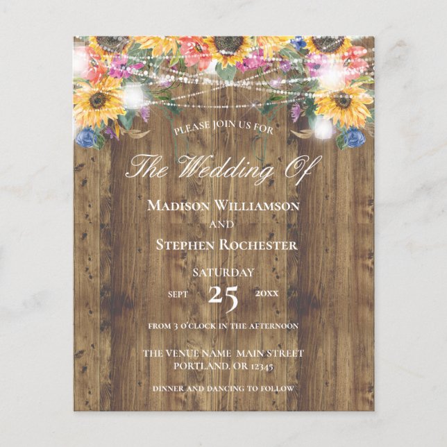 Papier Budget Rustique Mariage de tournesol & lumières en (Devant)