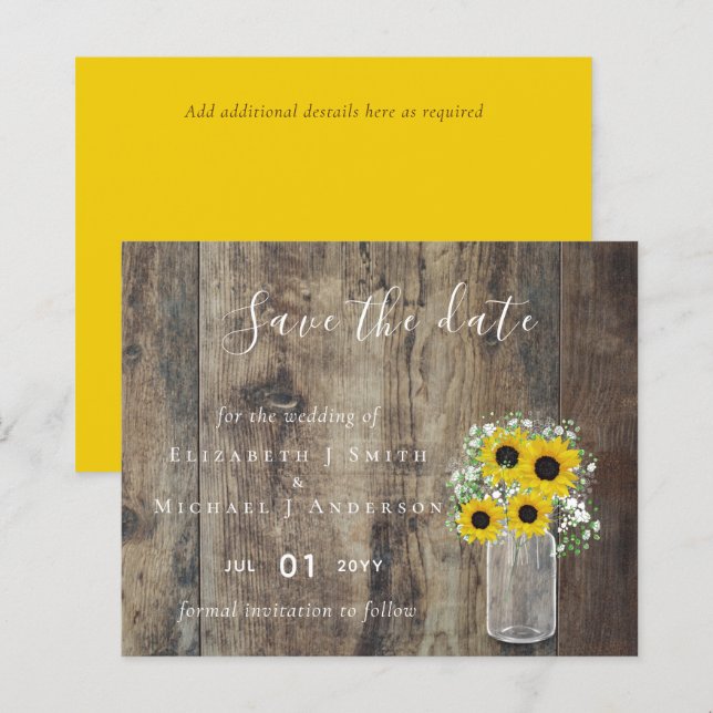 Papier BUDGET Rustique Mariage tournesol Dates de sauvega (Devant / Derrière)