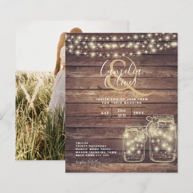 Papier BUDGET Rustique Mason Jar Lumières MARIAGE en bois (Devant / Derrière)