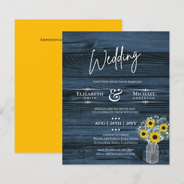 Papier BUDGET Rustique Sunflower Bleu Jaune Mariage Invit (Devant / Derrière)