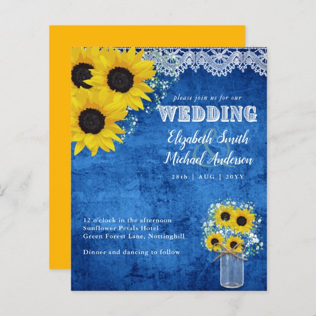Papier BUDGET Rustique Sunflower Bleu Jaune Mariage Invit (Devant / Derrière)