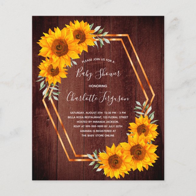 Papier Budget rustique tournesol baby shower invitation (Devant)