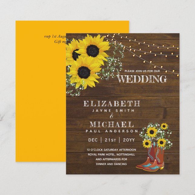 Papier BUDGET Rustique Tournesol BabysMariage de respirat (Devant / Derrière)